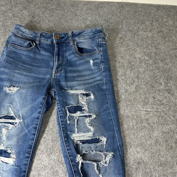 American Eagle Jeans Womens 6 X-long Distressed Raw Hem Blue Skinny Stretch - Picture 5 of 9
